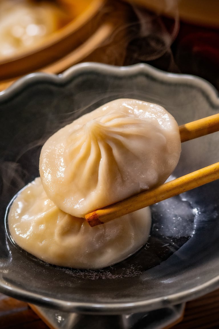 Juicy xiaolongbao dumpling with chopsticks