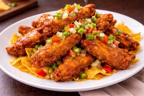 Crispy fried chicken strips served on crispy wonton strips, topped with diced green onions, red peppers, and yellow peppers on a white plate