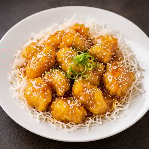 Crispy sesame chicken balls glazed in golden sauce on crispy noodles with green onion garnish