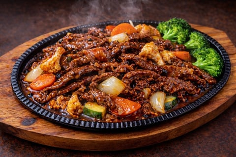 Sizzling beef stir-fry with bell peppers, onions, and broccoli served on a cast iron plate over a wooden base