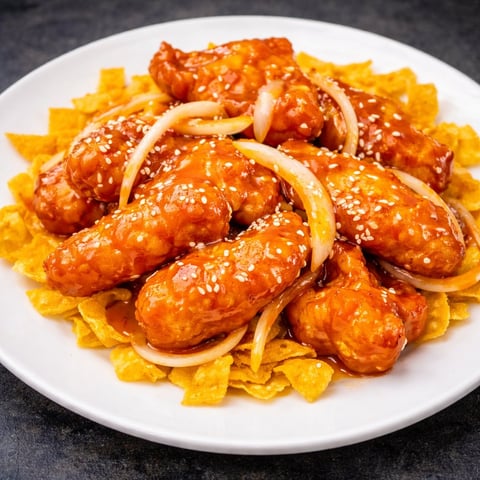 Glazed sesame chicken pieces served on crispy chow mein noodles with sliced onions on a white plate