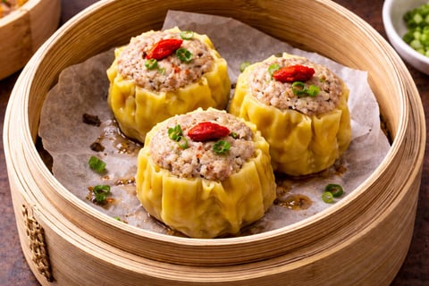 Three steamed dumplings filled with pork filling topped with red pepper and green onions in a bamboo steamer basket