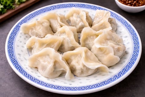 Plate of steamed dumplings with blue and white decorative border on gray surface