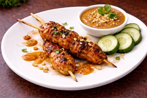 Grilled chicken skewers on a white plate with peanut sauce, cucumber slices, and garnish on a brown surface