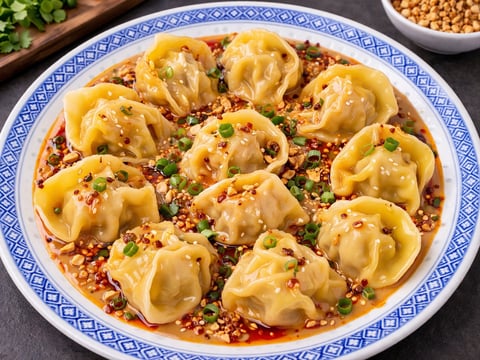 Plate of Asian dumplings with a decorative blue and white border, topped with chili oil, scallions, and sesame seeds