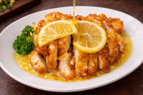 Sliced chicken breast with lemon sauce, garnished with fresh lemon slices and parsley on a white plate