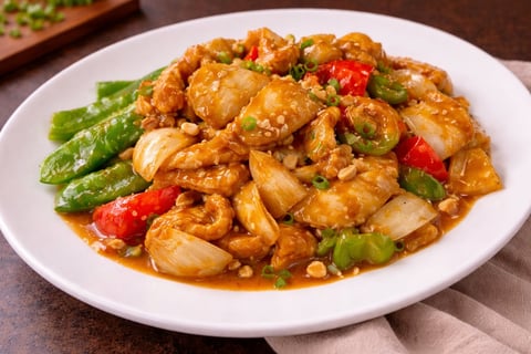 Kung Pao chicken stir-fry served on a white plate with peanuts, bell peppers, and green onions