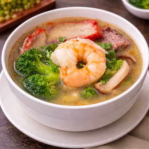 Bowl of Asian soup with shrimp, mushrooms, greens, and meat in savory broth
