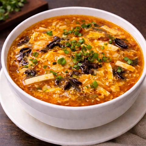 Bowl of hot and sour soup with tofu strips, black mushrooms, and green onions in a white ceramic bowl