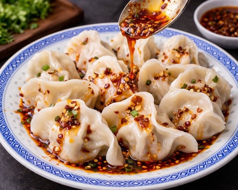 Chinese dumplings on decorative blue and white plate with chili oil sauce being drizzled on top