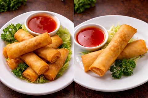 Two plated servings of crispy spring rolls with fresh parsley and red dipping sauce on a dark surface