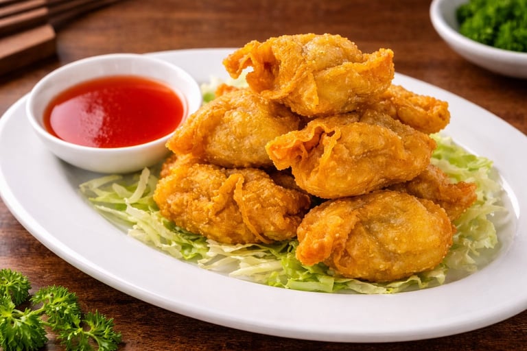 Golden fried chicken pieces stacked on shredded lettuce with a small bowl of red sauce on the side