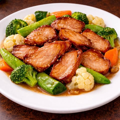 Glazed duck breast slices arranged on a white plate with broccoli, cauliflower, snap peas, and carrots