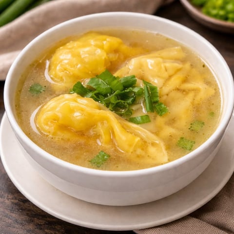 Bowl of wonton soup with two wontons in savory broth, garnished with green onions