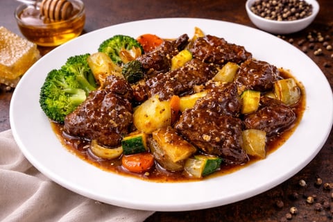 Beef stew with potatoes, carrots, and broccoli served on a white plate with honey and peppercorns in background