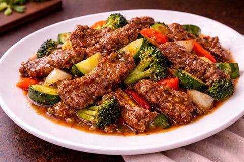 Beef stir-fry with broccoli, red bell peppers, and zucchini on a white plate served over brown sauce