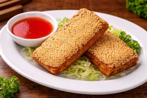 Two golden fried spring rolls on shredded lettuce with red dipping sauce in a white bowl on a white plate