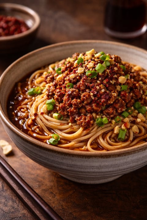 Bowl of noodles topped with spiced meat sauce, corn, and green onions on a wooden surface