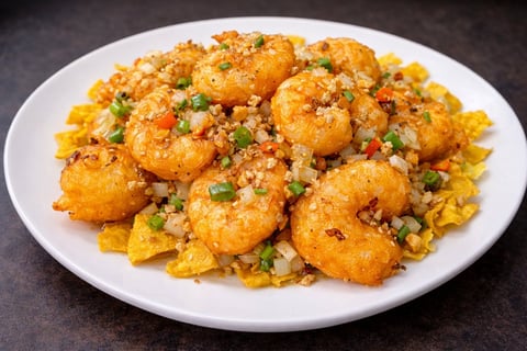 Fried shrimp with scrambled eggs and peas served on a white plate