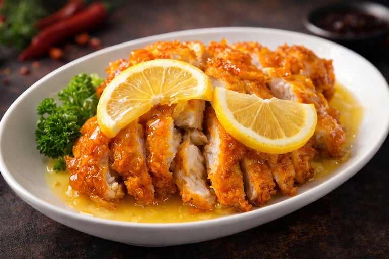 Sliced lemon chicken with golden sauce on white plate, garnished with fresh parsley and lemon slices