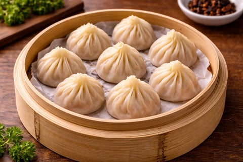 Eight steamed dumplings arranged in a bamboo steamer basket with parchment paper, garnished with green herbs and chili oil nearby
