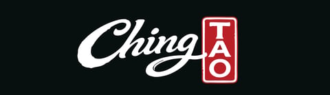 Ching Tao logo featuring white script text and red rectangular sign on dark background