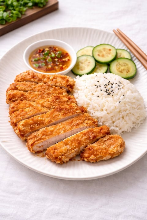 Crispy fried chicken cutlets served with white rice, sliced cucumber, and dipping sauce on a white plate