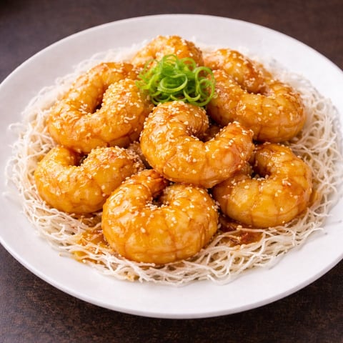 Golden fried shrimp balls with sesame seeds on crispy noodles, garnished with green onion on a white plate