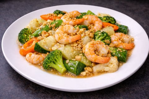 Stir-fried shrimp with broccoli, carrots, and cashews served on a white plate