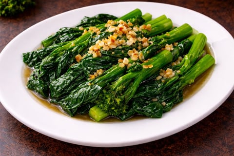 Sauteed Chinese broccoli with garlic and sesame seeds on a white plate