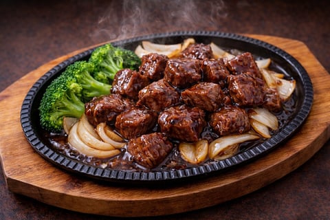 Sizzling beef and noodle stir-fry platter with broccoli on a wooden base, garnished with sesame seeds and steam rising from the hot cast iron skillet