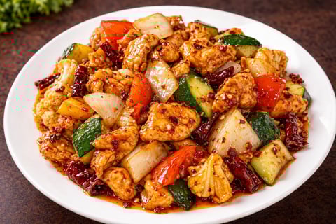 Stir-fried diced tofu with vegetables including peppers, zucchini, and green onions on a white plate