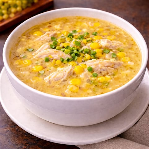 Bowl of creamy corn soup with shredded chicken, green peas, and corn kernels garnished with scallions