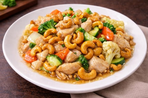 Cashew chicken stir-fry with vegetables on white plate, featuring cashews, diced chicken, broccoli, carrots, and zucchini