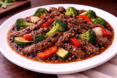 Beef and broccoli stir-fry dish served on a white plate with red peppers, sliced vegetables, and sauce