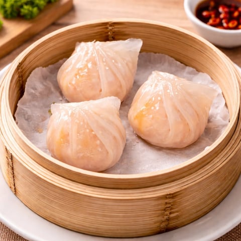 Three translucent dumplings in a bamboo steamer basket with parchment paper, surrounded by condiments and fresh herbs
