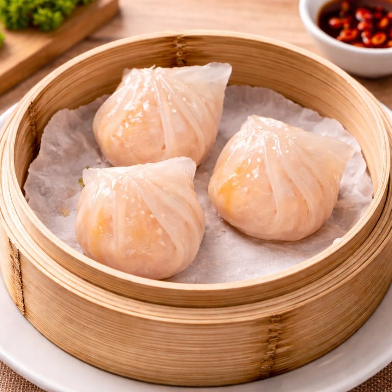 Three translucent dumplings in a bamboo steamer basket with parchment paper, surrounded by condiments and fresh herbs