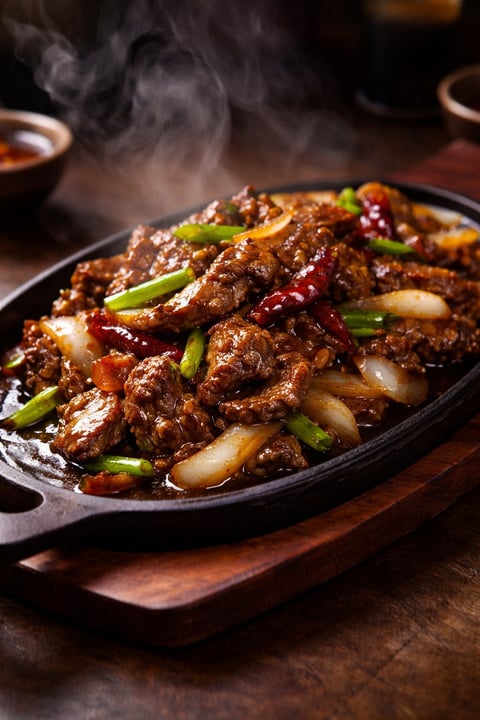 Steaming beef stir-fry with green onions and red chilies served on a black cast iron skillet on a wooden board