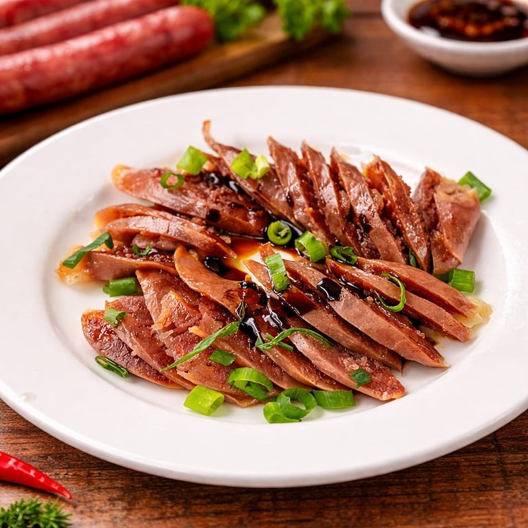 Sliced cooked beef with green onions and sauce
